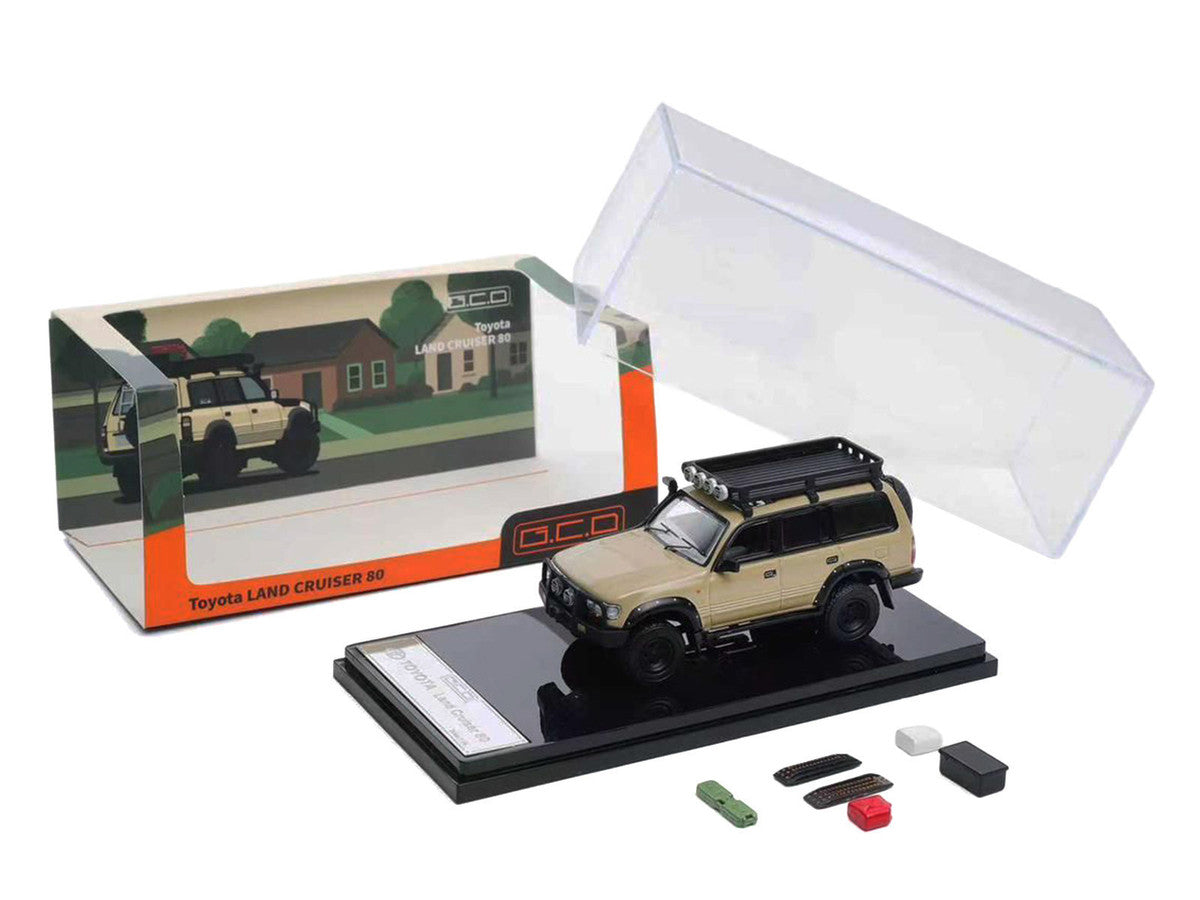 Toyota Land Cruiser 80 RHD (Right Hand Drive) Beige with Roof Rack and Accessories 1/64 Diecast Model Car by GCD