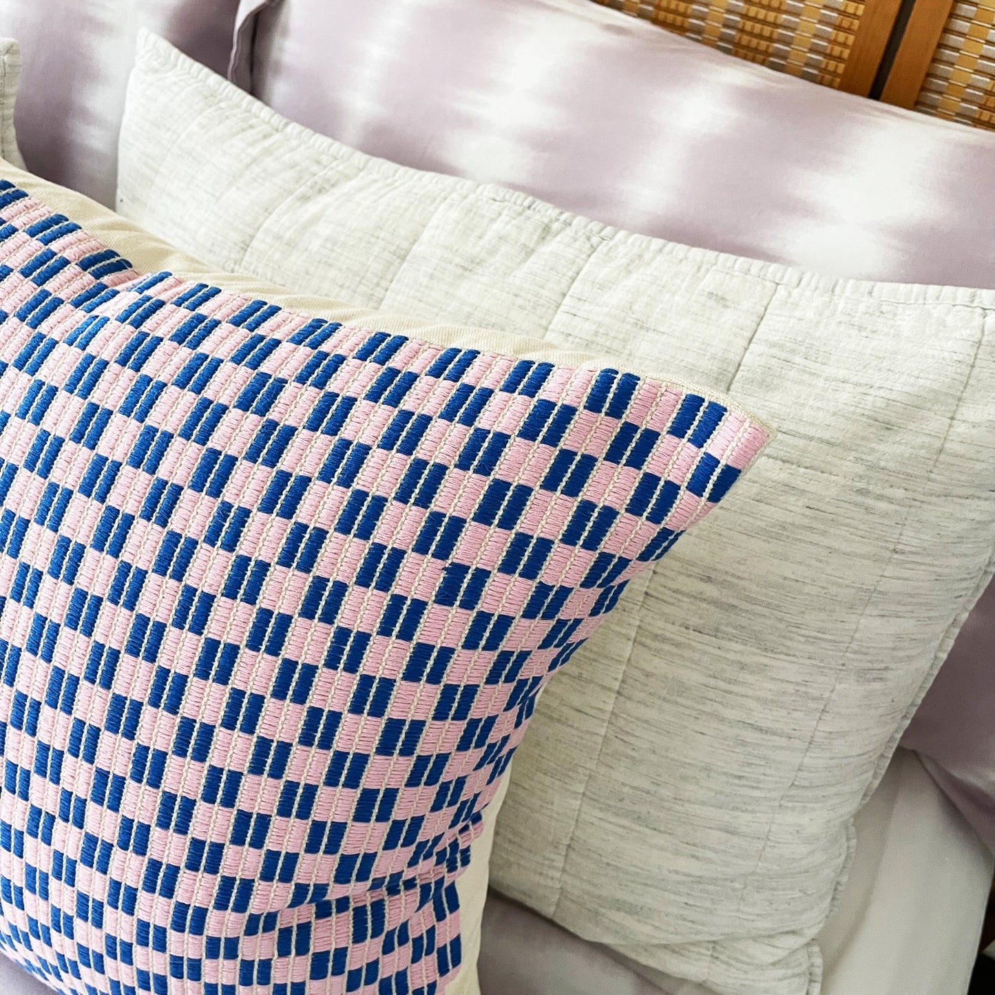 Checkered Brocade Pillow - Pink & Blue  - Square