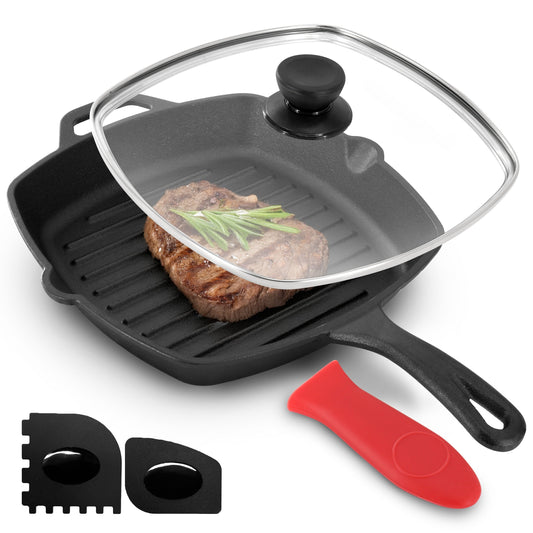 MegaChef 10.4 Inch Pre-Seasoned Cast Iron Griddle with Tempered Glass Lid