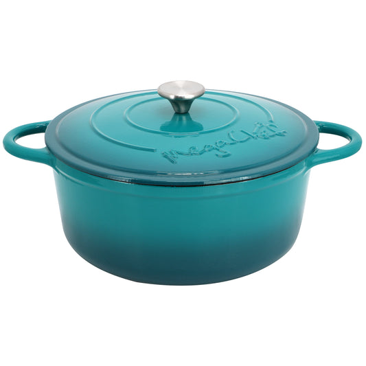 MegaChef 6.35 Quart Round Enameled Cast Iron Dutch Oven with Self Basting Lid in Teal