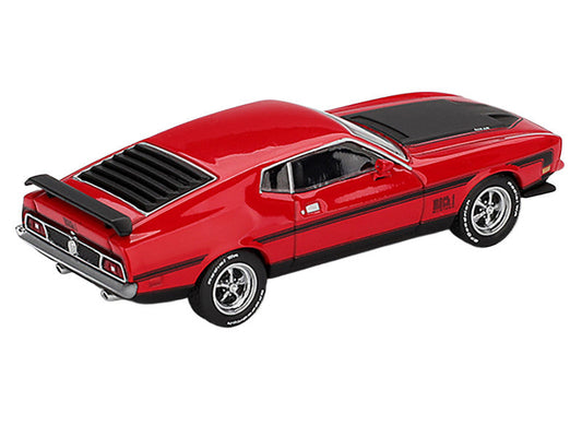 1971 Ford Mustang Mach 1 Race Red with Black Hood and Stripes Limited Edition 1/64 Diecast Model Car by Mini GT
