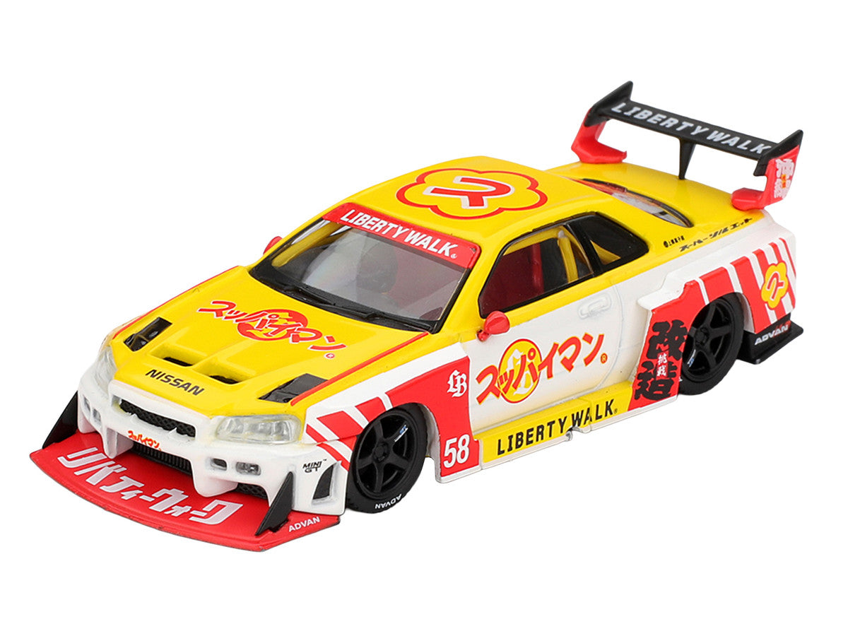 Nissan LB-ER34 Super Silhouette Skyline RHD (Right Hand Drive) #58 "Suppaiman Okinawa" Yellow and White with Graphics Limited Edition 1/64 Diecast Model Car by Mini GT