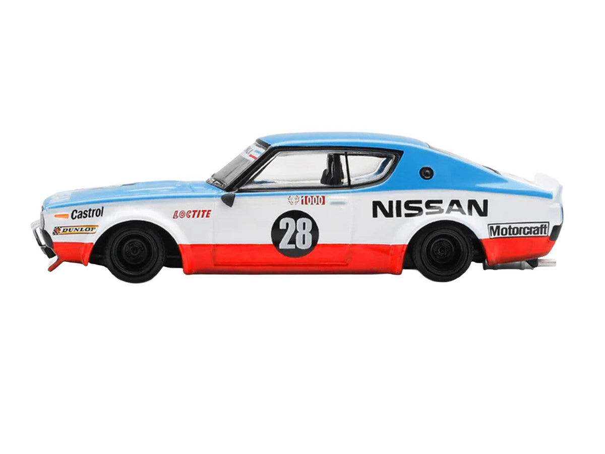 Nissan Skyline Kenmeri RHD (Right Hand Drive) #28 "Liberty Walk - Nissan Racing 1975 Concept" Blue and White with Red Stripes Limited Edition 1/64 Diecast Model Car by Mini GT
