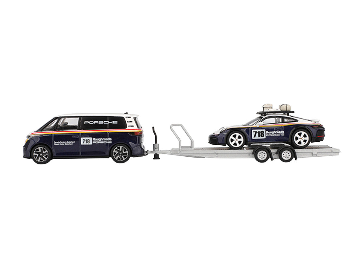 Porsche 911 Dakar #718 Blue and White with Roof Rack and Volkswagen ID. Buzz Blue and White with Flatbed Trailer "Porsche Centrum Gelderland Roughroads" Set of 3 pieces Limited Edition 1/64 Diecast Model Car by Mini GT