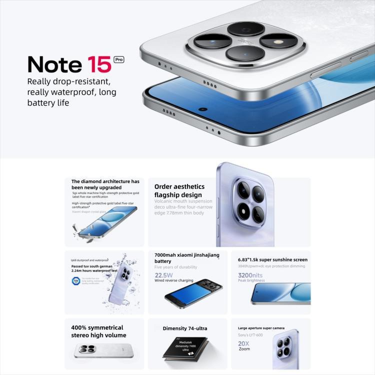 Xiaomi Redmi Note 15 Pro 5G, 8GB+256GB, 6.83 inch Xiaomi HyperOS 2 Dimensity 7400-Ultra Octa Core, Network: 5G, NFC (White)