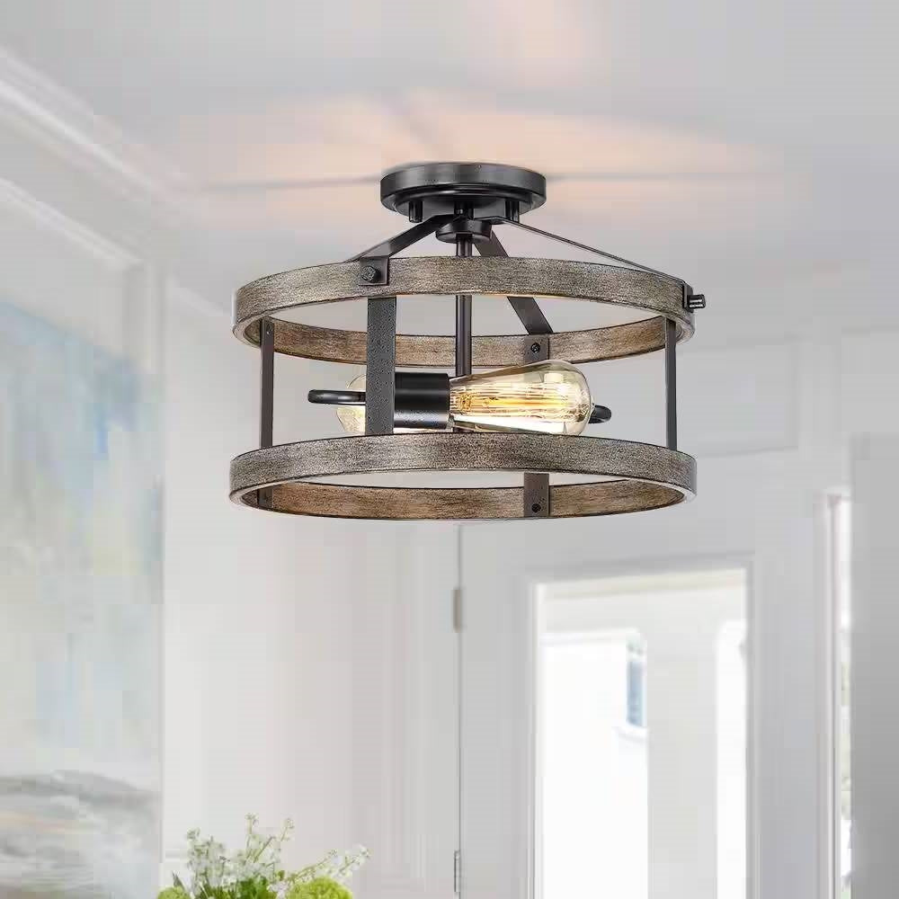 Round 13-inch Metal Wood Farmhouse 2-Light Ceiling Lamp - Semi-Flush Mount