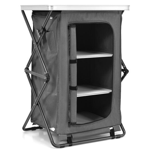 Folding Camping Storage Cabinet with 3 Shelves and Carry Bag-M - Color: Gray - Size: M