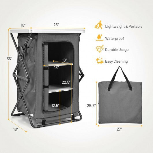 Folding Camping Storage Cabinet with 3 Shelves and Carry Bag-M - Color: Gray - Size: M