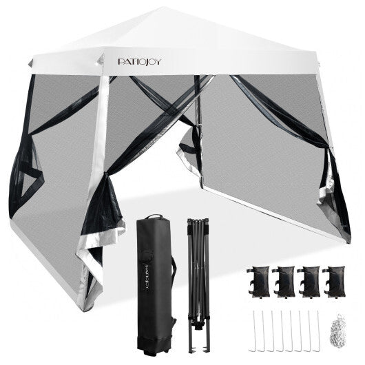 10 x 10 Feet Pop Up Canopy with with Mesh Sidewalls and Roller Bag-White - Color: White