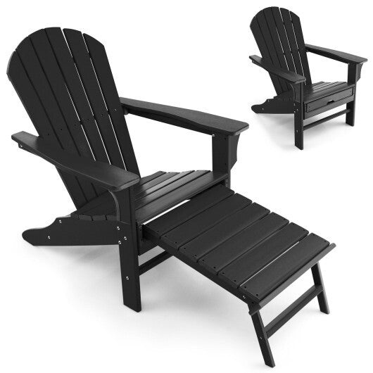 Patio HDPE Adirondack Chair with Retractable Ottoman-White