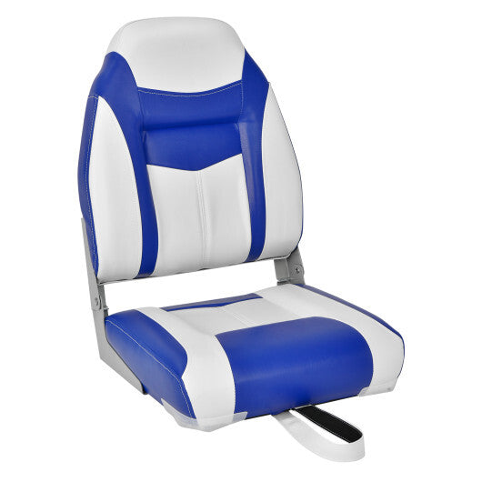 High Back Folding Boat Seat with Blue White Sponge Cushion and Flexible Hinges-Blue