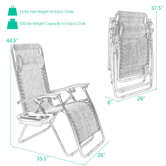 2 Pieces Folding Recliner Zero Gravity Lounge Chair - Beige