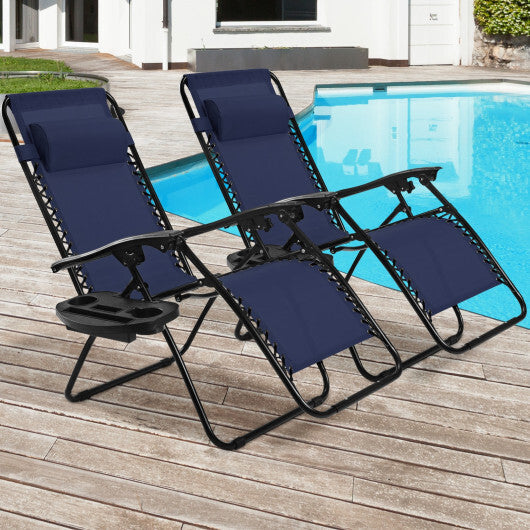 2 Pieces Folding Lounge Chair with Zero Gravity-Navy - Color: Navy
