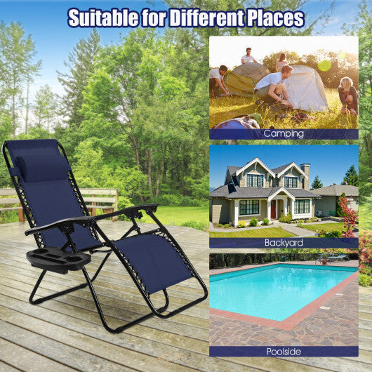2 Pieces Folding Lounge Chair with Zero Gravity-Navy - Color: Navy