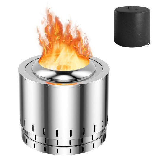 Smokeless Stainless Steel Fire Pit with Ash Pan for Yard Camping-Silver