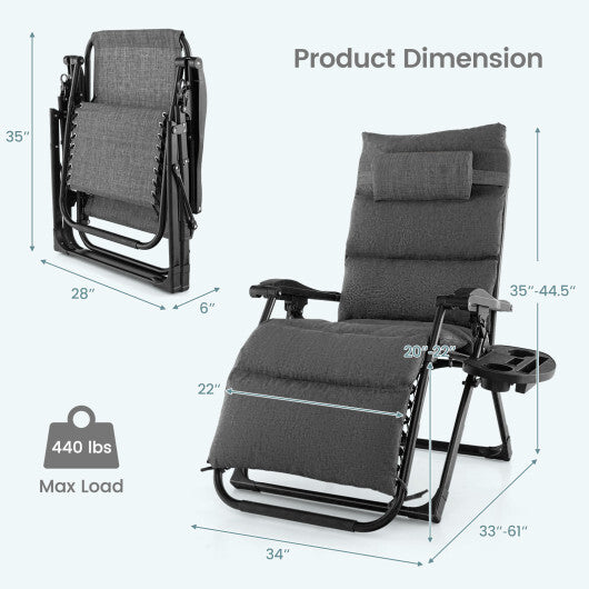 Adjustable Metal Zero Gravity Lounge Chair with Removable Cushion and Cup Holder Tray-Black
