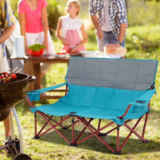 Oversized Camping Chair Folding Loveseat Camping Couch with Cup Holders & Thick Padding-Green