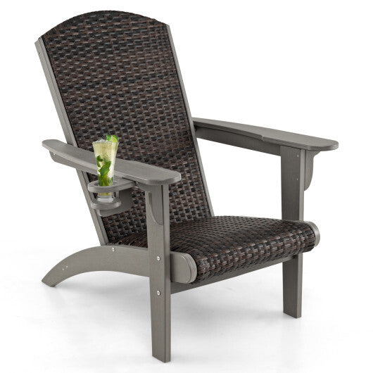 Patio Adirondack Chair with Rattan Padded Seat and Hidden Cupholder-White