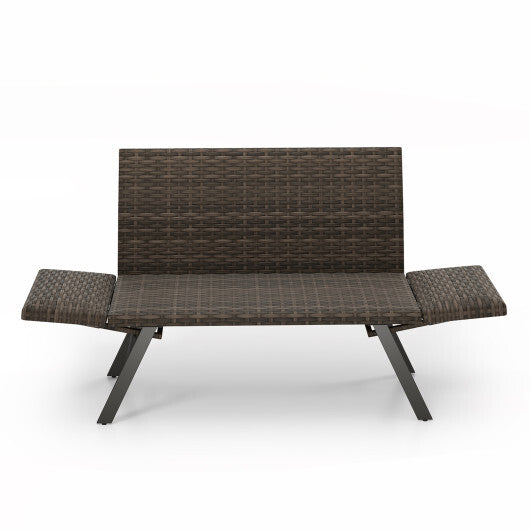 Patio Convertible Sofa for 2 Quick Dry Foam Padded Rattan with Armrests-Gray