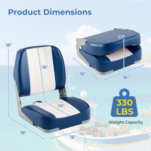 2-Pack Boat Seats Folding Low Back Boat Chairs Waterproof PVC Leather Cabin Seating-Blue