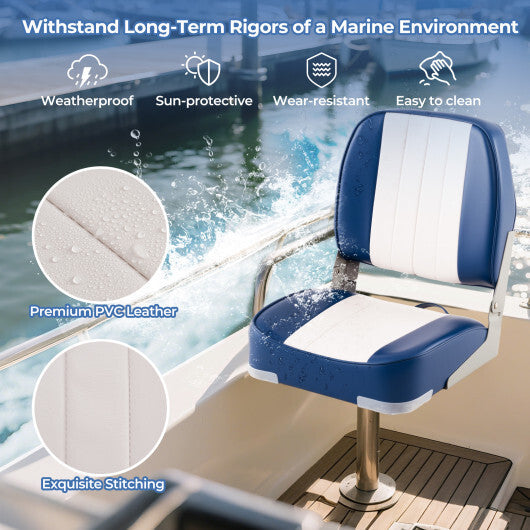 2-Pack Boat Seats Folding Low Back Boat Chairs Waterproof PVC Leather Cabin Seating-Blue
