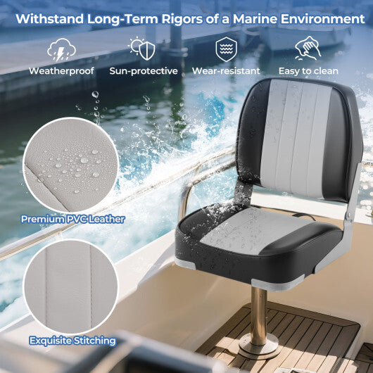 2-Pack Boat Seats Folding Low Back Boat Chairs Waterproof PVC Leather Cabin Seating-Blue