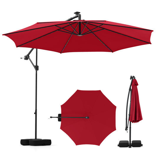 10 Feet Solar Offset Hanging Umbrella with Base and LED Lights-Beige