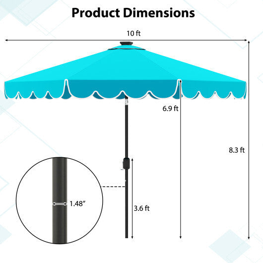 10 Feet Solar Patio Umbrella with 24 LED Lights-Gray