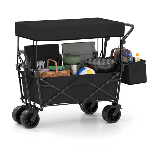Collapsible Wagon with Removable Canopy and Detachable Storage Bag-Black