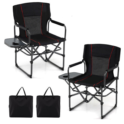 Folding Camping Chair with Side Table and Cup Holder with Carrying Bag-Black