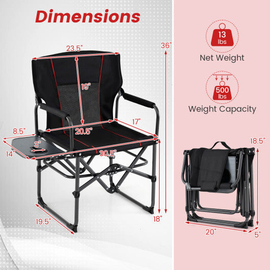 Folding Camping Chair with Side Table and Cup Holder with Carrying Bag-Black