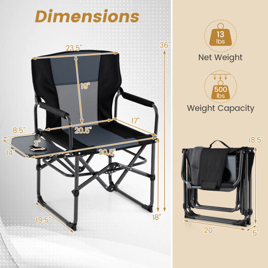 Folding Camping Chair with Side Table and Cup Holder with Carrying Bag-Black