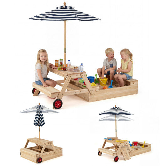 2-in-1 Wooden Sandbox with Foldable Umbrella and Convertible Picnic Table-Blue