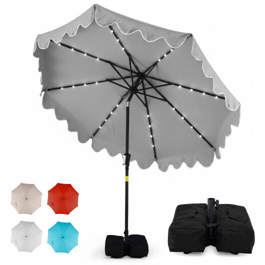 9 FT Outdoor Patio Umbrella with Solar LED Lights and Weighted Base-Beige