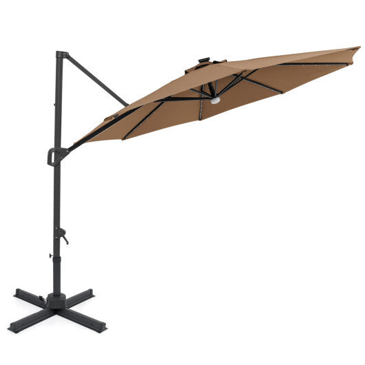10 FT Cantilever Patio Umbrella with Solar LED Lights 360? Rotation-Brown