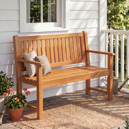 2-Seater Outdoor Wooden Bench with Backrest and Armrests-Brown