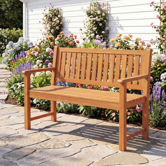2-Seater Outdoor Wooden Bench with Backrest and Armrests-Brown