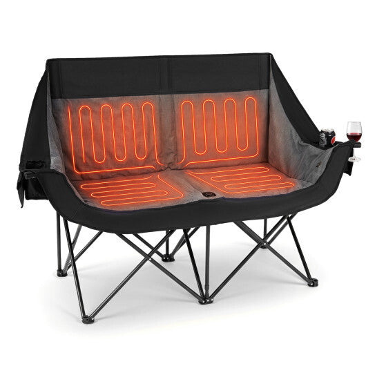 Heated Double Camping Chair with 4 Heating Zones and Wine Glass Holders-Navy