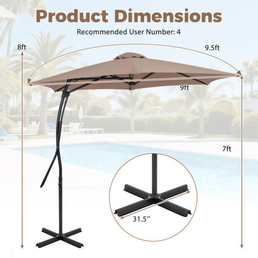 9 FT Cantilever Umbrella with Cross Base Included with Smooth Handle amd Heavy Duty Frame-Brown