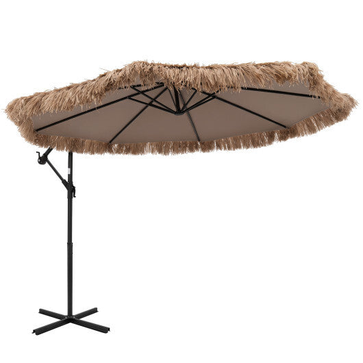 10 FT Solar Thatched Cantilever Umbrella with 12 Modes and Crank Lift-Brown