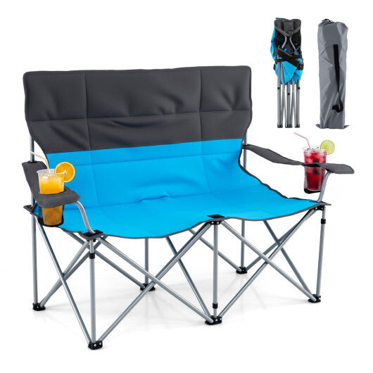 Double Camping Chair with Carry Bag Cup Holders-Blue