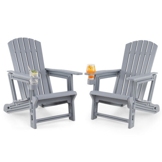 Set of 2 HDPE Adirondack Chair with Cup Holder and Wood-Like Texture  for Garden-Black