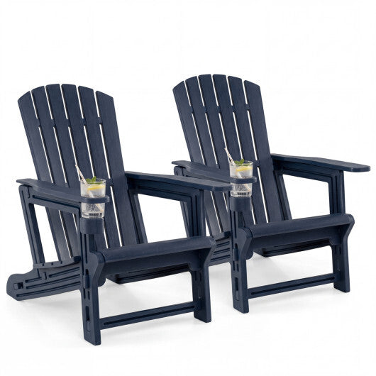 Set of 2 HDPE Adirondack Chair with Cup Holder and Wood-Like Texture  for Garden-Black