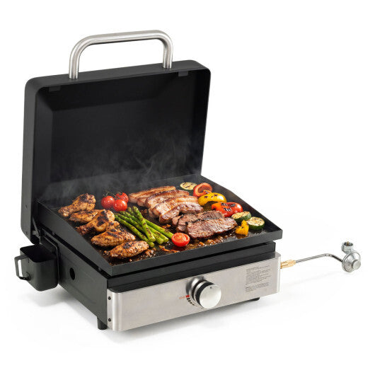 1-Burner Portable Gas Griddle with Lid Non-Stick Ceramic Griddle Plate-Black