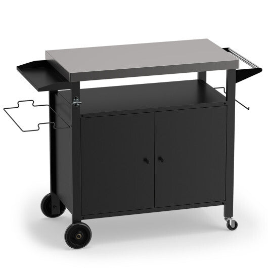 Outdoor Grill Cart with Stainless Steel Top & 2-Door Cabinet for BBQ Camping-Black