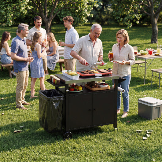 Outdoor Grill Cart with Stainless Steel Top & 2-Door Cabinet for BBQ Camping-Black