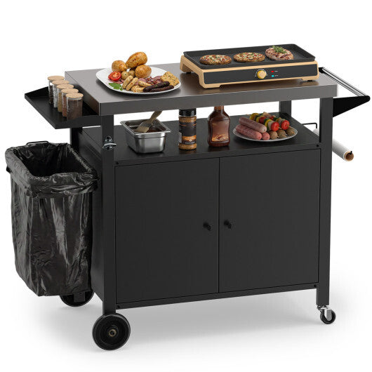 Outdoor Grill Cart with Stainless Steel Top & 2-Door Cabinet for BBQ Camping-Black