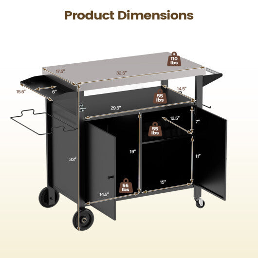 Outdoor Grill Cart with Stainless Steel Top & 2-Door Cabinet for BBQ Camping-Black