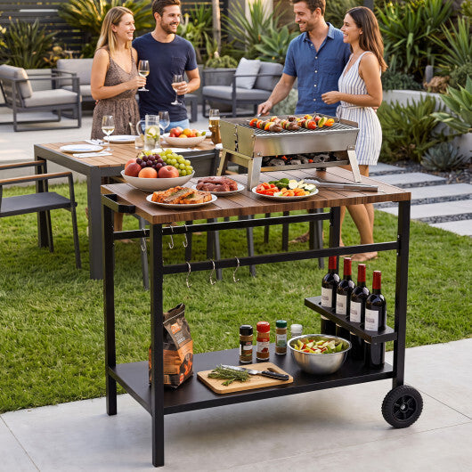 Outdoor Grill Cart with Spice Rack and Hooks for Patio and Garden-Brown