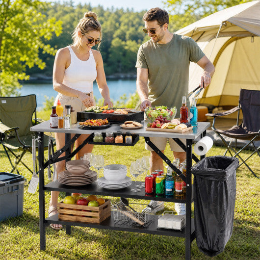 Foldable Outdoor Cook Station with Removable Shelves & Trash Bag Holder for Camping-Black